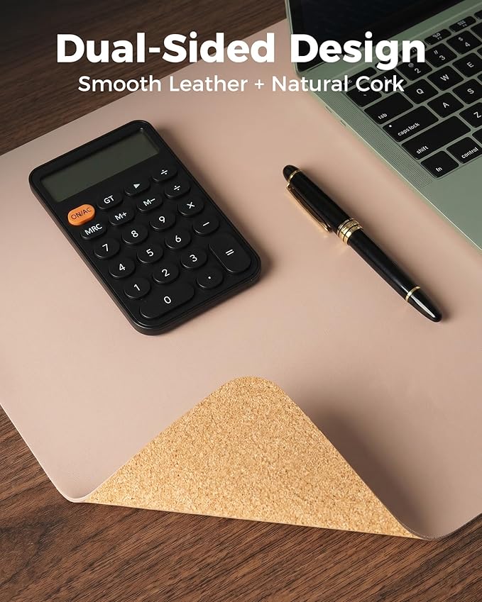 Aothia Cork Desk Mat - Dual-Sided XL PU Leather Desk Pad & Full Desk Protector, Large Waterproof Desktop Mat for Office & Gaming (47" x 23.6", Pink)