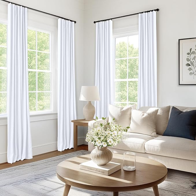 INOVADAY 100% Blackout Curtains for Bedroom, Bright White Black Out Curtains 96 Inch Long, Clip Rings Linen Blackout Drapes, Thermal Insulated Room Darkening for Living Room, 2 Panels - W50xL96