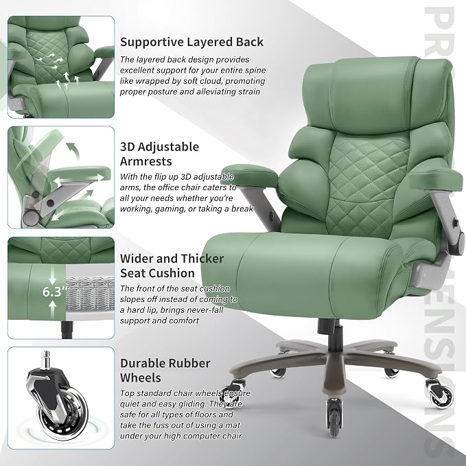 VUZI 700lbs Big and Tall Office Chair, Large Executive Leather Desk Chair | Adjustable Lumbar Support for Back Pain, Plus Size Wheels, 3D Flip Arms, Heavy Duty Metal Base, Wide Seat Computer Chair