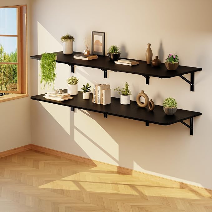 IAE Wall Mounted Floating Foldable Desk 72" x 22" Folding Computer Workstation Table with Engineered Wood and Metal Shelf Brackets,Fold&Floating Design for Home Office, Apartment,Laundry Room,Black