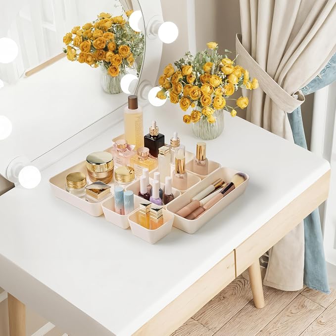 ISSEVE 8Pcs Silicone Drawer Organizer Trays for Bathroom, 4 Sizes, White | Nesting Organizer Trays, For Vanity, Desk, Nightstand, Makeup, Jewelry, Toiletries, and Office Small Items, Drawer Organizer