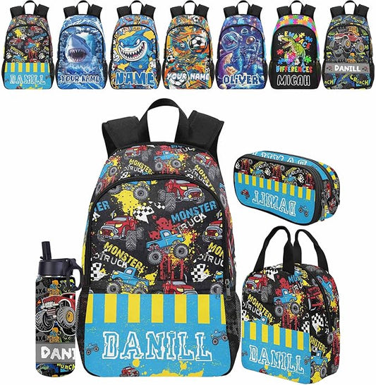 Personalized Cars Toddler Backpack with Name Custom Kids School Backpack for Boys Back to School Supplies Customized Name Schoolbag Bookbag and Water Bottle Cup&Pencil Pouch for Preschool Elementary