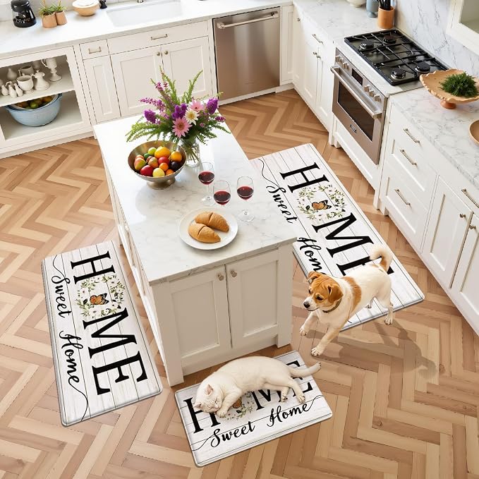 Yamaziot Anti Fatigue Kitchen Rug Set of 3, Non-Slip Cushioned Floor Mats | Waterproof, Stain Resistant, Farmhouse Cushioned Comfort Standing Desk Mat with Runner for Kitchen, Office, Sink, Laundry