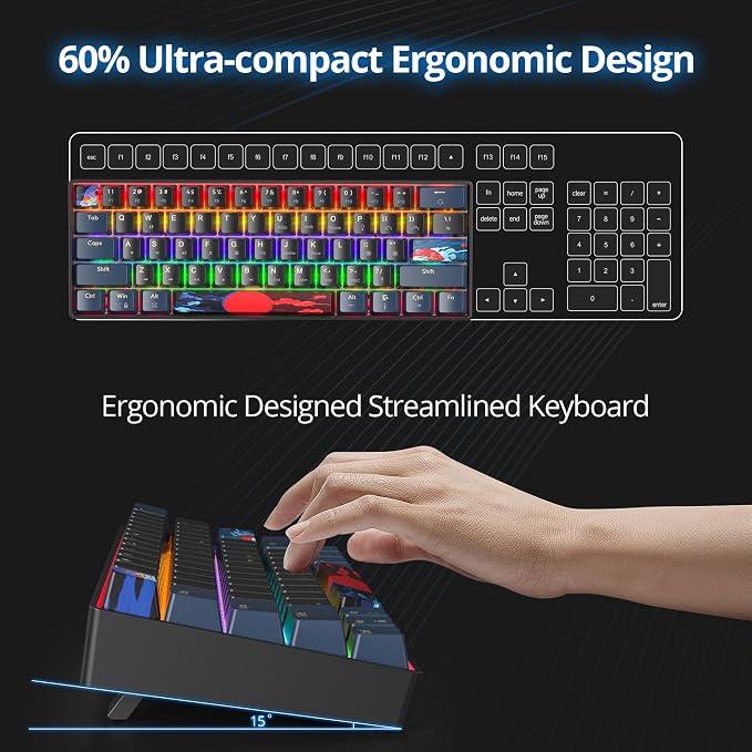 60 Percent Gaming Keyboard 61 Keys Mechanical Keyboard Rainbow Backlit Ultra Compact Wird Keyboard with Red Switches for Win Ps4/5 Xbox(61 Blue)
