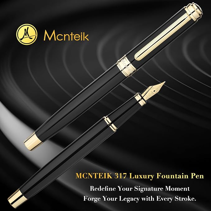 MCNTEIK 317 Fountain Pen,Stunning Luxury Piano Lacquer,18K Gilded Nib(Medium),Gorgeous 24K Gold Finish, Ink Converter,Trustworthy Gift for Men&Women-Elegant,Executive,Nice Pens for Writing, BK-M