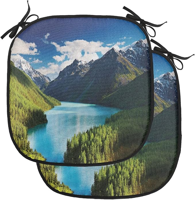 Lunarable Mountain Chair Cushion Pads Set of 2, Lake Kucherlinskoe in Altai Mountains High Peaks and Fresh Jungle in Spring, Anti-Slip Seat Padding for Kitchen & Patio, 16"x16", Green Blue White
