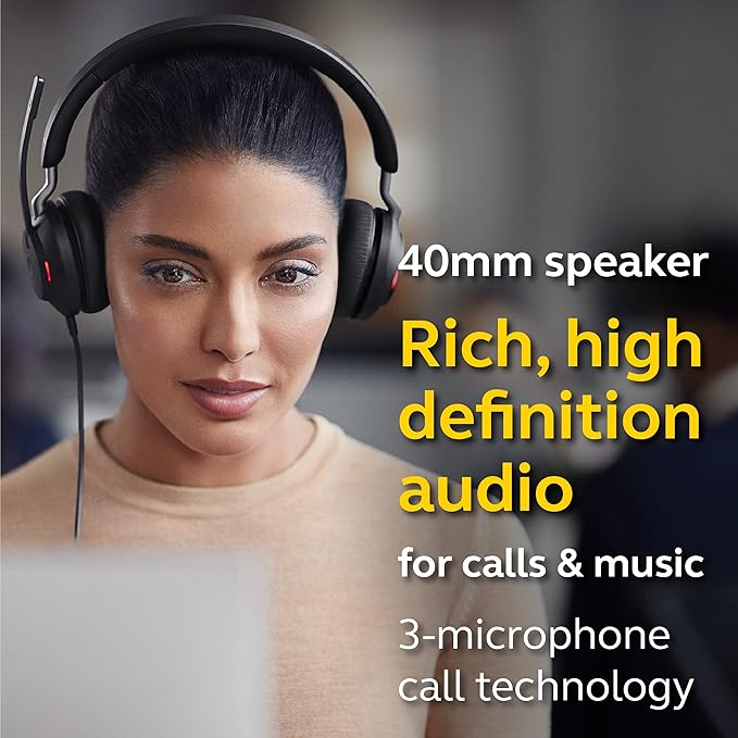 Jabra Evolve2 40 MS Wired Headphones, USB-A, Stereo, Black – Telework Headset for Calls and Music, Enhanced All-Day Comfort, Passive Noise Cancelling Headphones, MS-Optimized with USB-A Connection