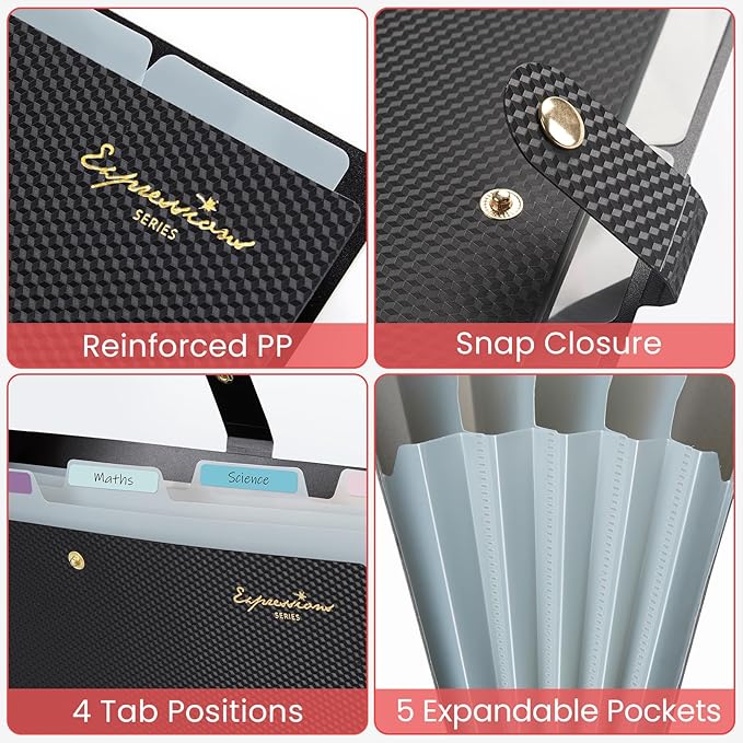 Sooez Accordion File Organizer, Letter Size Expanding File Folder with Labels, 5 Pocket Folders for Document, Portable Paper Bill Receipt Organizer for Home School Office Supplies, A4 Size, Grey