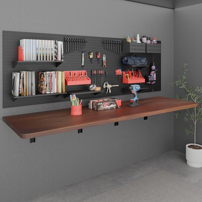 IAE Floating Wall Mounted Folding Table Desk with Pine Wood,72" x 22" Foldable Workbench,Fold Down Wall Mounted Foldable Desk with Shelf Brackets,Laundry Folding Table for Home,Dining,Kitchen,Walnut