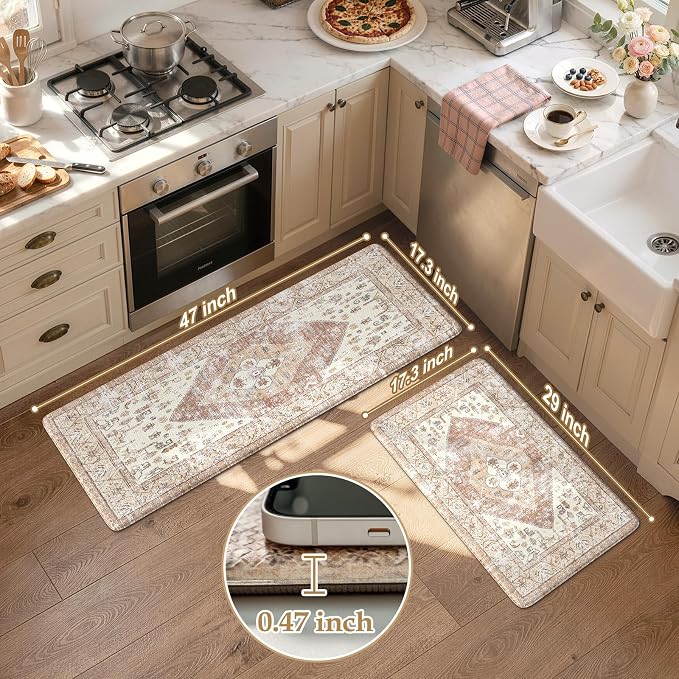 KIMODE Farmhouse Kitchen Mats Cushioned Anti Fatigue Khaki Kitchen Rugs Sets of 2, Non Slip Waterproof Kitchen Floor Mats, Ergonomic MemoryFoam Standing Mat for Laundry Room Decor, Office, Sink, Desk