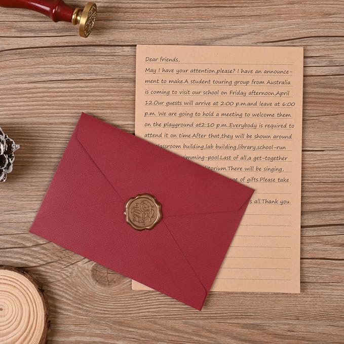 48 Pieces Stationery Set with Envelopes (24 Kraft Paper Sheets + 12 Linen Texture Envelopes+12 Wax Seal Stickers), Stationery Letter Writing Paper Set for Love Letters and Party Invitations (Red)
