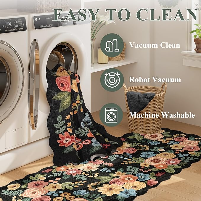 DUKINO 3x8 Washable Runner Rug, Soft Indoor Floral Non Slip Long Runner Rug for Hallways, Lightweight & Low Pile Floor Carpet for Kitchen, Entryway, Hallway, Bathroom, Laundry, Bedroom, Black