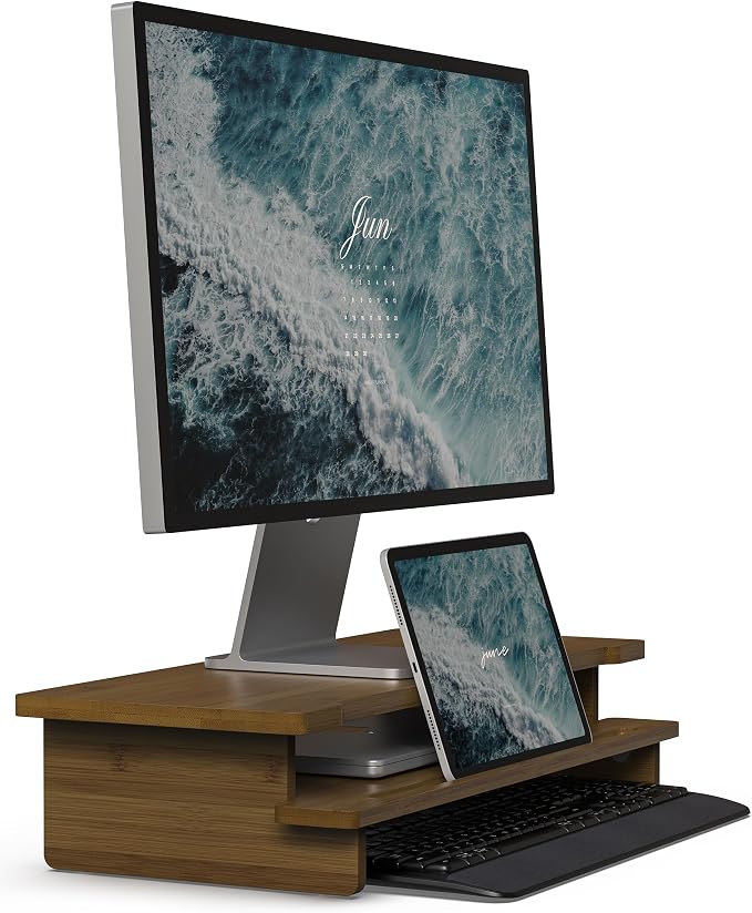 23” Monitor Stand with Phone Tablet Holder Bamboo Desk Shelf | Monitor Riser for 40-55” Desk Cozy Computer Setup Workplace Organizer Keyboard Storage Toasted Bamboo Color Compact Ergonomic