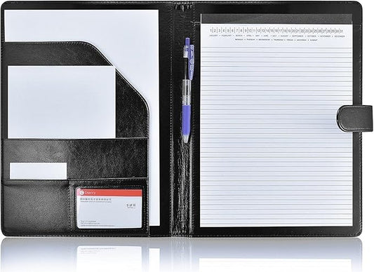 Padfolio Portfolio Resume Folder with Pocket, Premium Faux Leather Interview Writing Legal Pads Document Organizer Portfolio with Business Card Holder (Black)