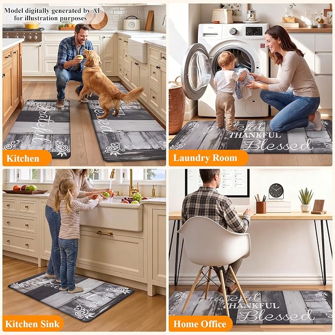 HEBE Anti Fatigue Kitchen Mat Set of 2, Cushioned Kitchen Mats for Floor | Non Slip Waterproof Kitchen Rug and Runner Set, Farmhouse PVC Foam Comfort Mat Floor Carpet for Sink, Standing Desk, Laundry