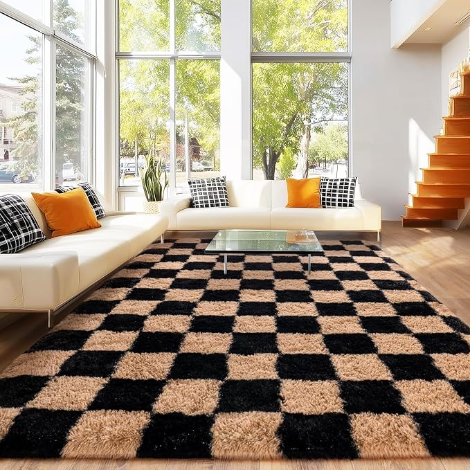 Area Rugs for Living Room 6x9, Ultra Fluffy Checkered Rug Fuzzy Shag Shaggy Carpets for Bedroom, Modern Non-Slip Indoor Soft Plush Furry Rug for Boy Girls Room Dorm Home Decor Aesthetic, Black & Beige