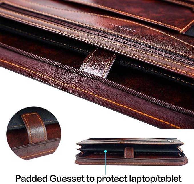 Zippered Padfolio for Women & Men Resume Portfolio Folder Vegan Leather Business Organizer Planner,with Writing Pad Interior 10.1 Inch Tablet Sleeve Dark Brown