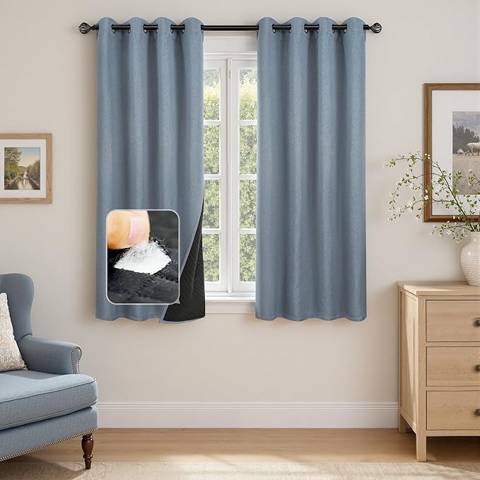 DriftAway Blackout Soundproof Thermal Insulated Linen Textured Curtains with Quilted Thermal Lining for Cold and Heat Blocking Noise Reducing Daytime Sleep 1 PC 52 Inches by 63 Inches Dusty Blue