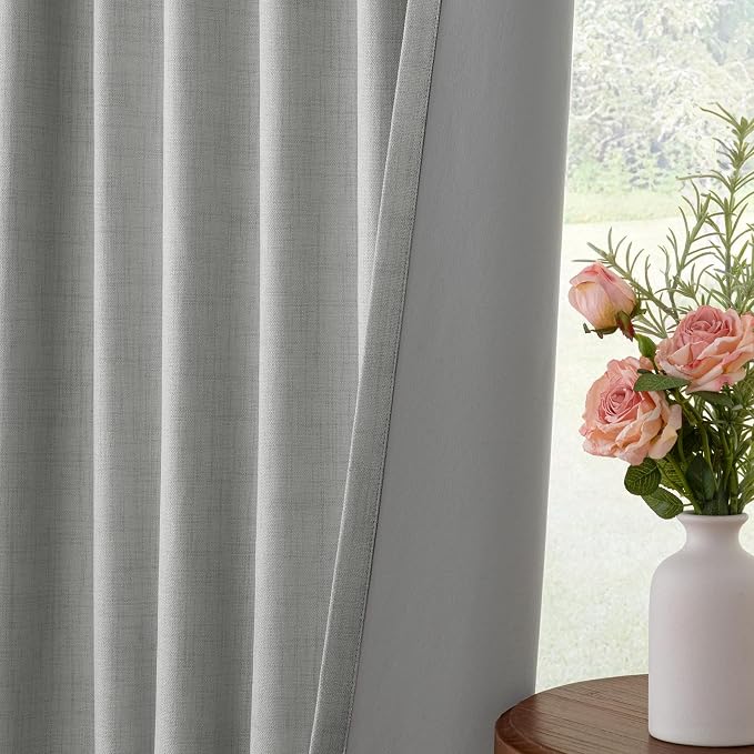 INOVADAY 100% Blackout Curtains for Bedroom, Dove Grey Black Out Curtains 90 Inch Long, Clip Rings Linen Blackout Drapes, Thermal Insulated Room Darkening for Living Room, 2 Panels - W50xL90