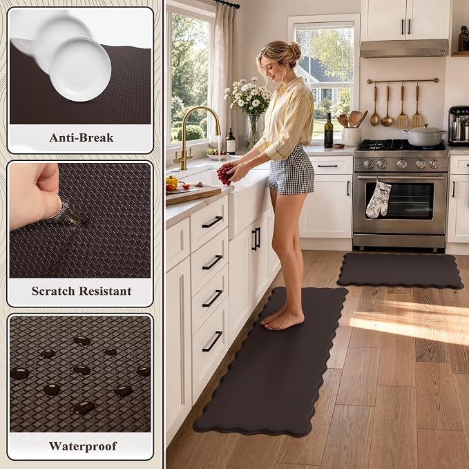 KIMODE Anti Fatigue Kitchen Mats for Kitchen Floor,Scalloped Kitchen Rugs Sets of 2 Non Slip,Cushioned Padded Memory Foam Kitchen Floor Mat Carpet for Office Laundry Sink,Brown