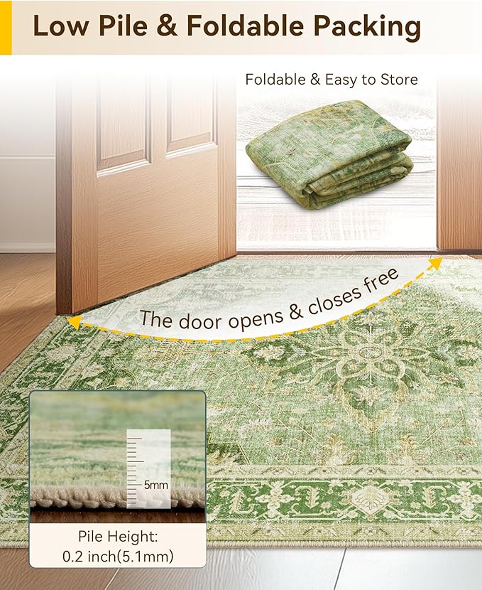 RELEANY Area Rugs Runner 2'x5' Washable Non-Slip, Floral Vintage Distress Medallion Carpet for Kitchen Hallway Bedroom Beside Laundry Room Bathroom, Sage Green Yellow