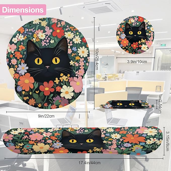 Cute Black Cat Flower Mouse Pad with Wrist Rest Set, 3-in-1 Wrist Support Mousepad Set, Gaming Mat Pad with Anti-Skid Base,Ergonomic Memory Foam Mouse Pad Set for Women, Office, Typing, Gaming