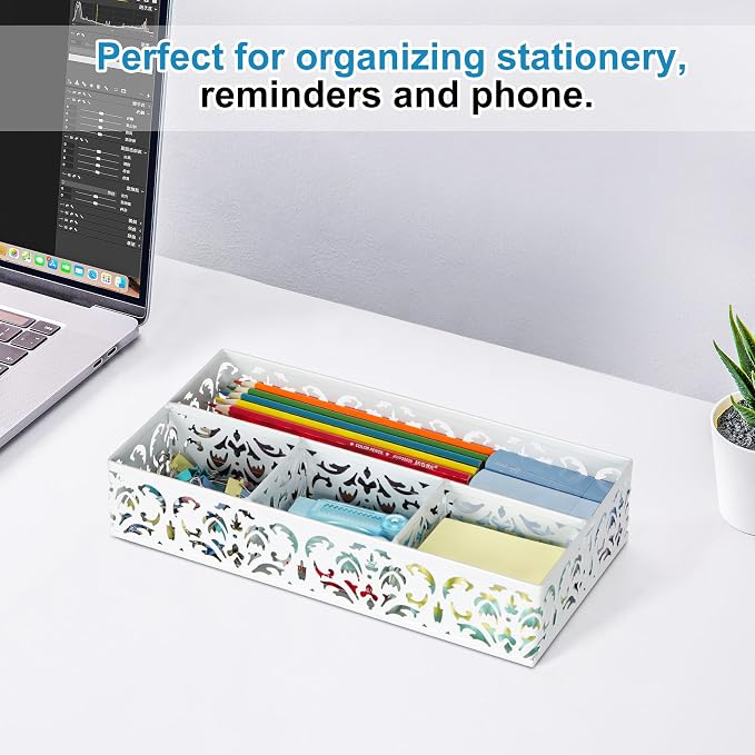 EasyPAG Desk Drawer Organizer with 4 Compartments, Carved Hollow Floral Metal Tray for Office, Jewelry, Cosmetics - No Assembly, White