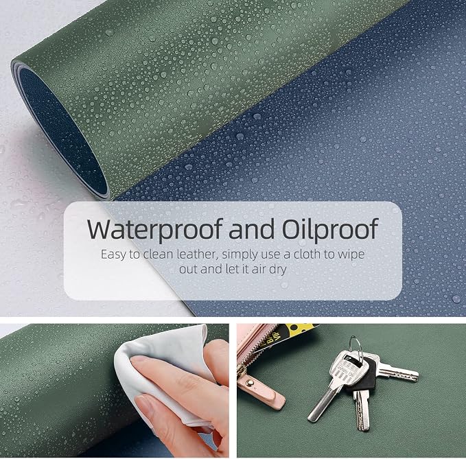 YSAGI Dual-Sided Desk Pad Protector, 31.5" x 15.7" Desk Mat with Non-Slip - Waterproof PU Leather Office Desk Blotter for Mouse, Keyboard, Writing, Dark Green+Dark Blue