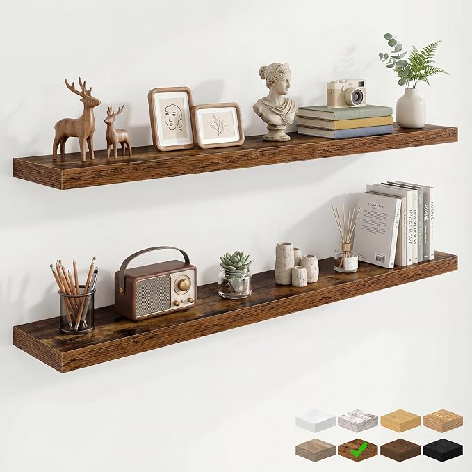Marsmiles 55in Floating Shelves for Wall, 55" W x 9.25" D x 1.5" H, Long Wall Mounted Engineered Wood Shelves with Invisible Brackets for Living Room, Bedroom, Bathroom, Kitchen, Rustic Brown, 2Pcs