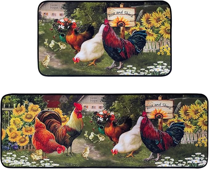 Voanos Rooster Kitchen Rugs,Non Skid Washable Microfiber mats for Kitchen Floor,Farmhouse Sunflower Kitchen Cushioned Runner Rug Decor Sets of 2, Size 17"x 47"+17"x 30"