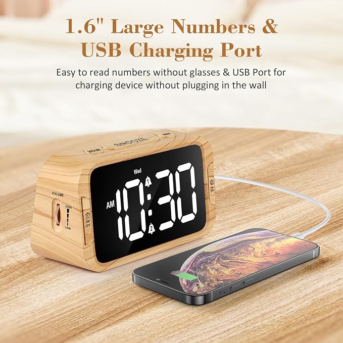 Odokee Digital Dual Alarm Clock for Bedroom with 0-100% Dimmable Display | Easy Alarm Clock with Weekday/Weekend Mode - Loud Alarm for Heavy Sleepers with 5 Sounds Adjustable Volume - Wood Grain