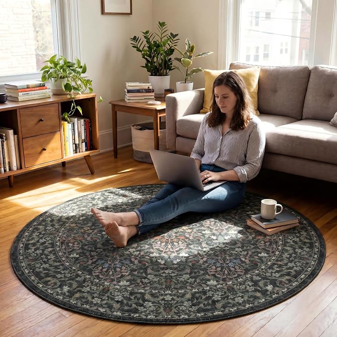 Office Chair Mat for Hardwood Tile Floor, Under Desk Carpet Protector for Rolling Computer Chair Mat, Round Washable Rugs 5ft Circle Area Rug, Anti-Slip 1/5" Thick Low Pile Thin Floor Mat, Moss Green