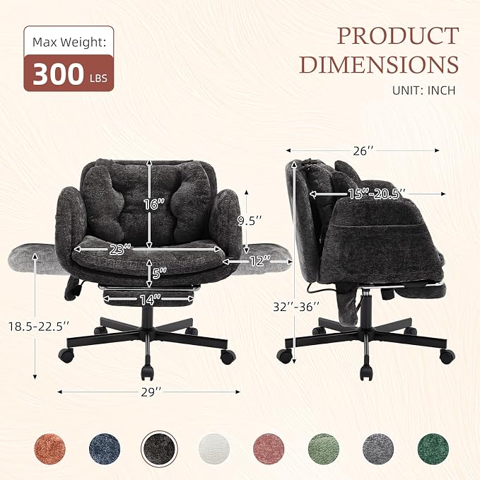 Criss Cross Office Chair with Footrest and 5-Gear Adjustable Arms, Black | Wide seat cross-legged desk chair, flip lumbar pillow, airbag support, chenille fabric, for home office vanity and meditation