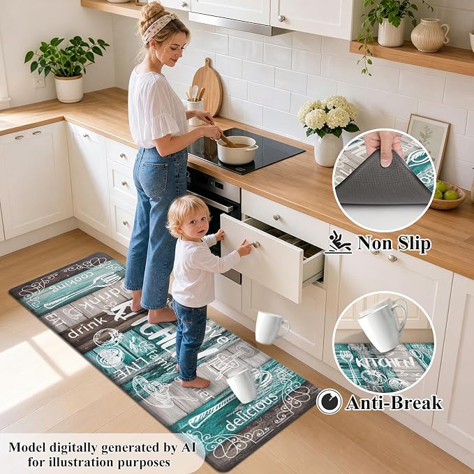 HEBE Anti Fatigue Kitchen Rugs Set of 2, Cushioned Kitchen Mats for Floor | Non Slip Farmhouse Kitchen Rug and Runner Set, Waterproof Comfort Kitchen Floor Mat Carpet for Sink, Standing Desk, Laundry