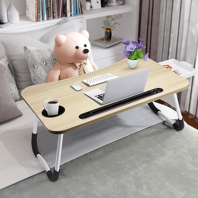 Slendor Lap Desk with Tablet Slot, Foldable Laptop Table with Storage Drawer，Portable Bed Desk for Laptop, Computer Tray with Cup Holder Notebook Stand Reading Holder for Couch Floor, White Maple