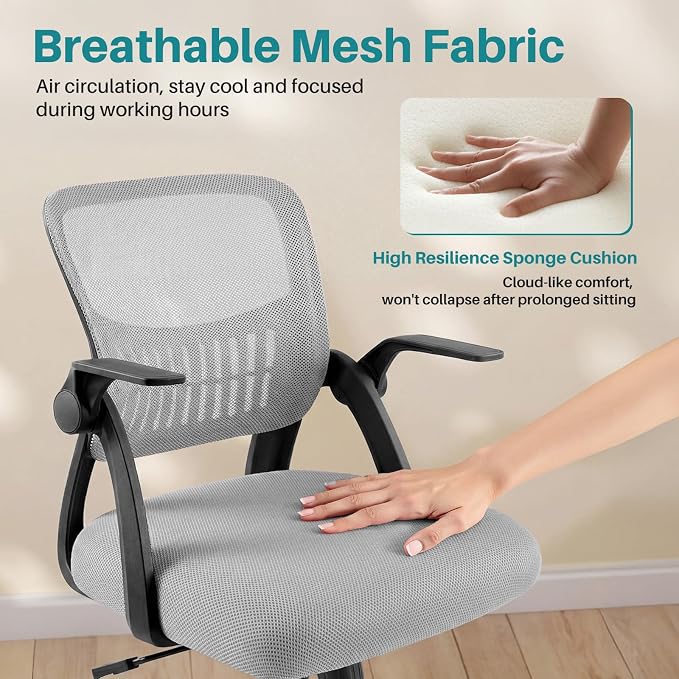 OLIXIS Ergonomic Office Desk Chair, Executive Mid-Back Computer Chair with Comfortable Lumbar Support & Rocking Mode, Height Adjustable with Flip-up Armrest, 360° Swivel, for Adults, Grey