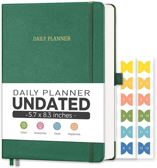 Daily Planner Undated, Appointment Book for Hourly, Daily and Monthly, 365 Days, One Page a Day, Medium Size (5.7" x 8.3"), Leather Hardcover, 12 Self-adhesive Monthly Tabs (Dark Green)