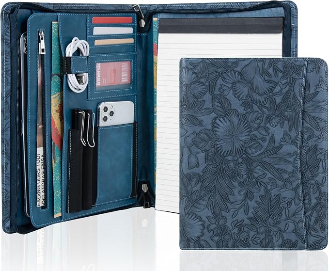 AZXCG Embossed Leather Padfolio for Women, Professional Bussiness Portfolio Organizer with A4 Notepad Holder, Zippered Portfolio Binder Fits 13" Ipad/Tablet,Gift for Women
