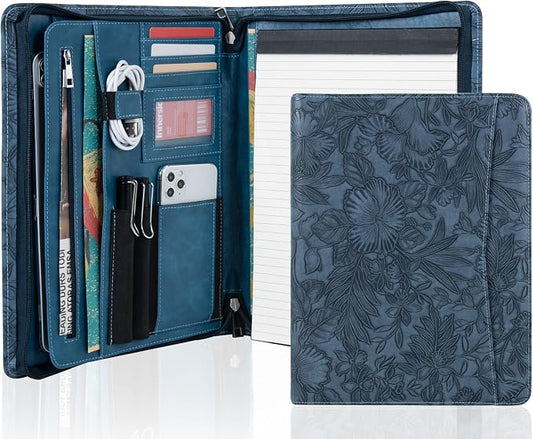 AZXCG Embossed Leather Padfolio for Women, Professional Bussiness Portfolio Organizer with A4 Notepad Holder, Zippered Portfolio Binder Fits 13" Ipad/Tablet,Gift for Women