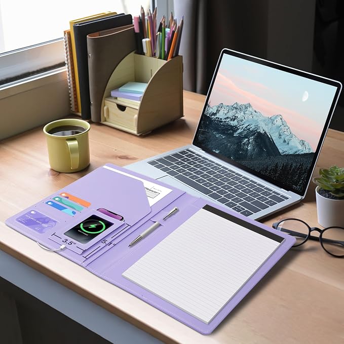 Ospelelf Foldable Leather Clipboard Folio with Notepad 8.5 x 11, Purple Business Padfolio for Women Portfolio Organizer