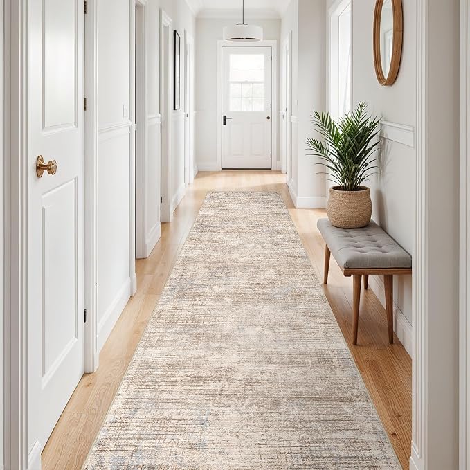 3x12 Hallway Washable Runner Rug - Non-Slip Kitchen Rugs with Rubber Backing Abstract Low-Pile Carpet Runners for Laundry Room Home Decor Bedroom Bathroom Entryway (Ivory Beige Distressed,3x12)