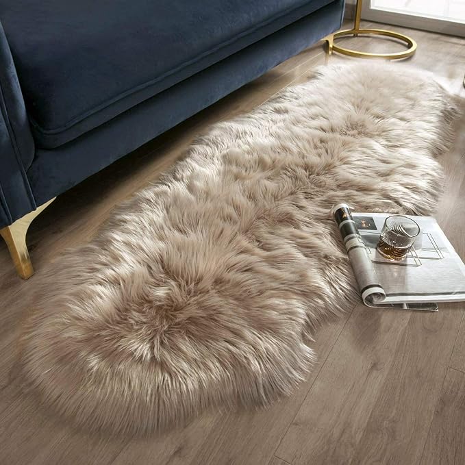 Ashler Faux Fur Rug, Fluffy Shaggy Area Rug Ultra Soft 2 x 6 Feet Sheepskin Fur Rug, Beige Fuzzy Machine Washable Shag Rug, Nursery Decor Throw Rugs for Bedroom, Kids Room, Living Room