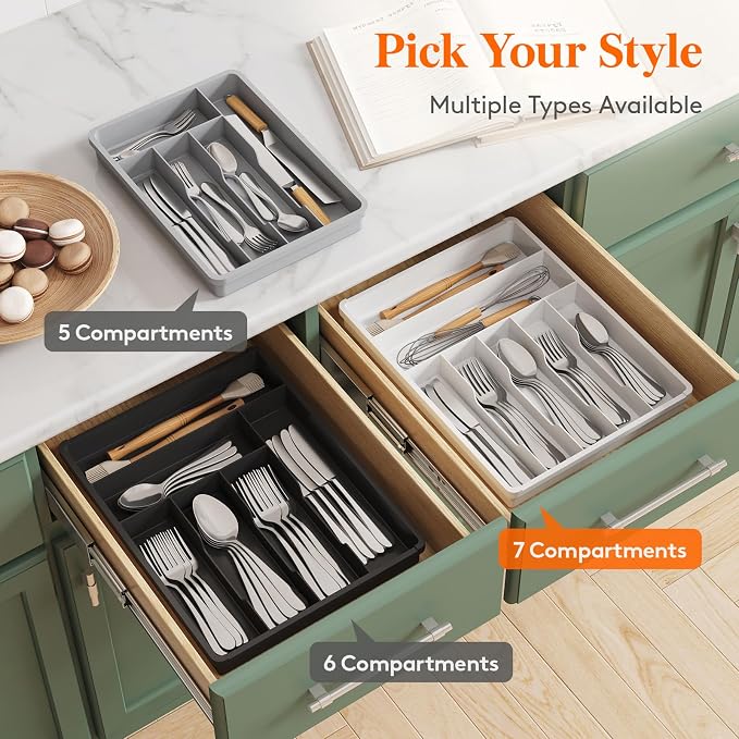 Lifewit Silverware Drawer Organizer Tray, Plastic Cutlery Storage for Kitchen, Flatware and Utensil Holder Divider for Spoons Forks Knives Tableware, 12.3 x 16", 7 Slots, Black