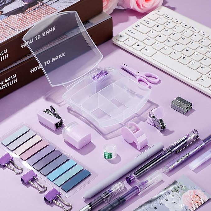 Colarr Mini Office Supply Kit Include Stapler Tape Dispenser Staple Remover Paper Clip Scissor Staple Pen Sharpener Note Small Telescopic Knife for Office Back to School Supplies Student Clerk(Purple)