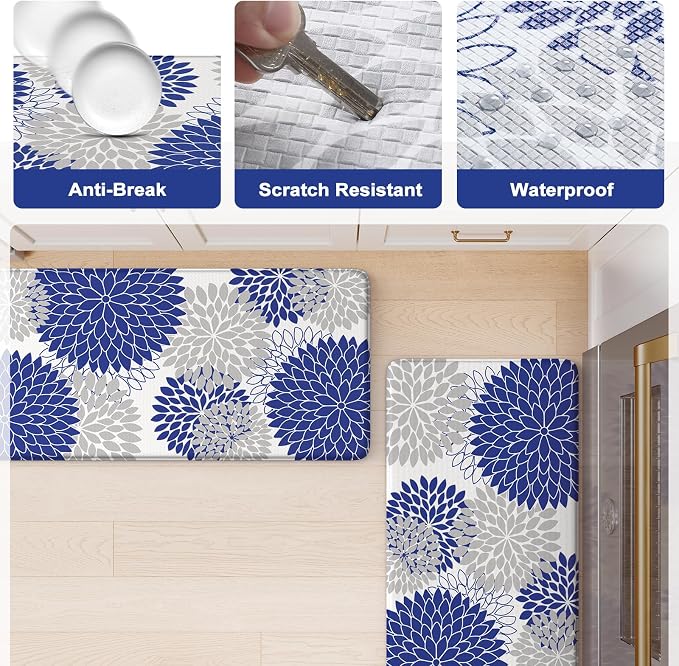 KIMODE Anti Fatigue Mats for Kitchen Floor Cushioned Kitchen Rugs Sets of 2 | 17"x47"+17"x29",Blue,Dahlia Floral Boho,Non Slip Rubber Backing,Waterproof,Wipe Clean,Standing Mat for Office Laundry Sink