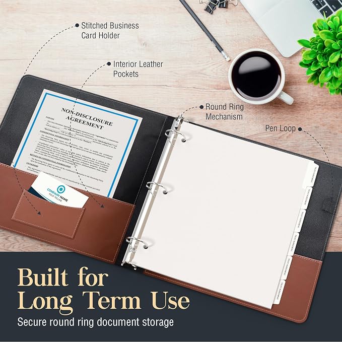 Estate Planning Leather Organizer Binder – Genuine Leather Estate Planning Portfolio, 3 Ring Round Ring Trust Binder with Tabs & Folder for Wills, Insurance & Legal Documents – Brown Leather