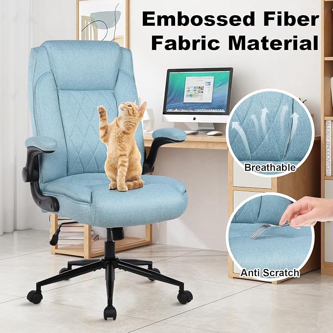 ralex-chair Big and Tall Office Chair -500 lb Office Chair for Big Man, Fabric High Back Office Desk Chair with 120° Tilt Rock,Computer Desk Chair with flip up arm - Light Blue