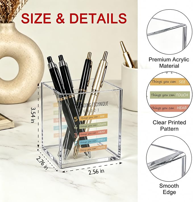 Counseling Office Acrylic Cosmetic Pen Pencil Holder Cup, Grounding Technique Therapy Pencil Organizer, Mental Health Desk Accessories, Anxiety Relief Gifts for Women Men Employee（A22）