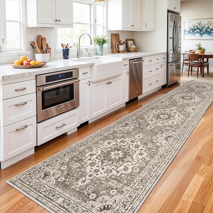 Washable Oriental Hallway Runner Rug - 3x14 Rugs for Living Room Soft Carpet for Bedroom Kitchen Waterproof Floral Distressed Indoor Stain Resistant Non-Shedding Floor Carpets (Beige, 3X14)