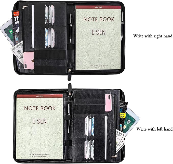 Zippered Padfolio for Women & Men Resume Portfolio Folder Vegan Leather Salesman Business Organizer Planner,with Writing Pad Interior 10.1 Inch Tablet Sleeve Black